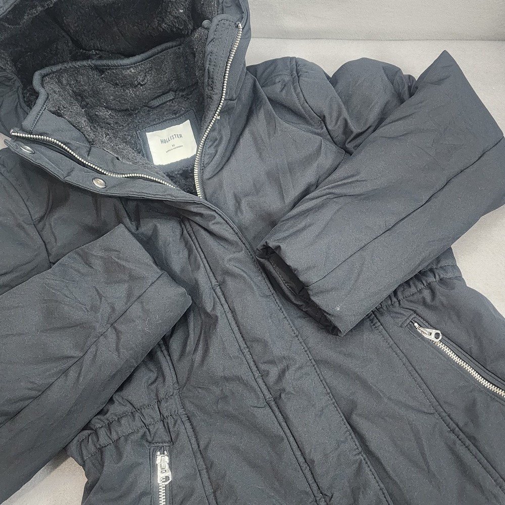 Hollister Parka Jacket Black Faux Fur Lined Hooded Cinched Women Size M